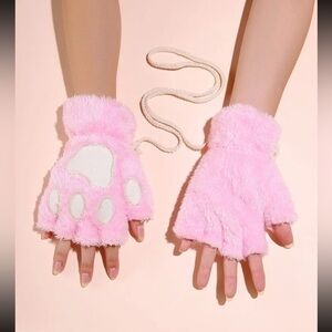 🐾 Adorable Pink Fuzzy Furry Soft Fingerless Paw Gloves 🐾